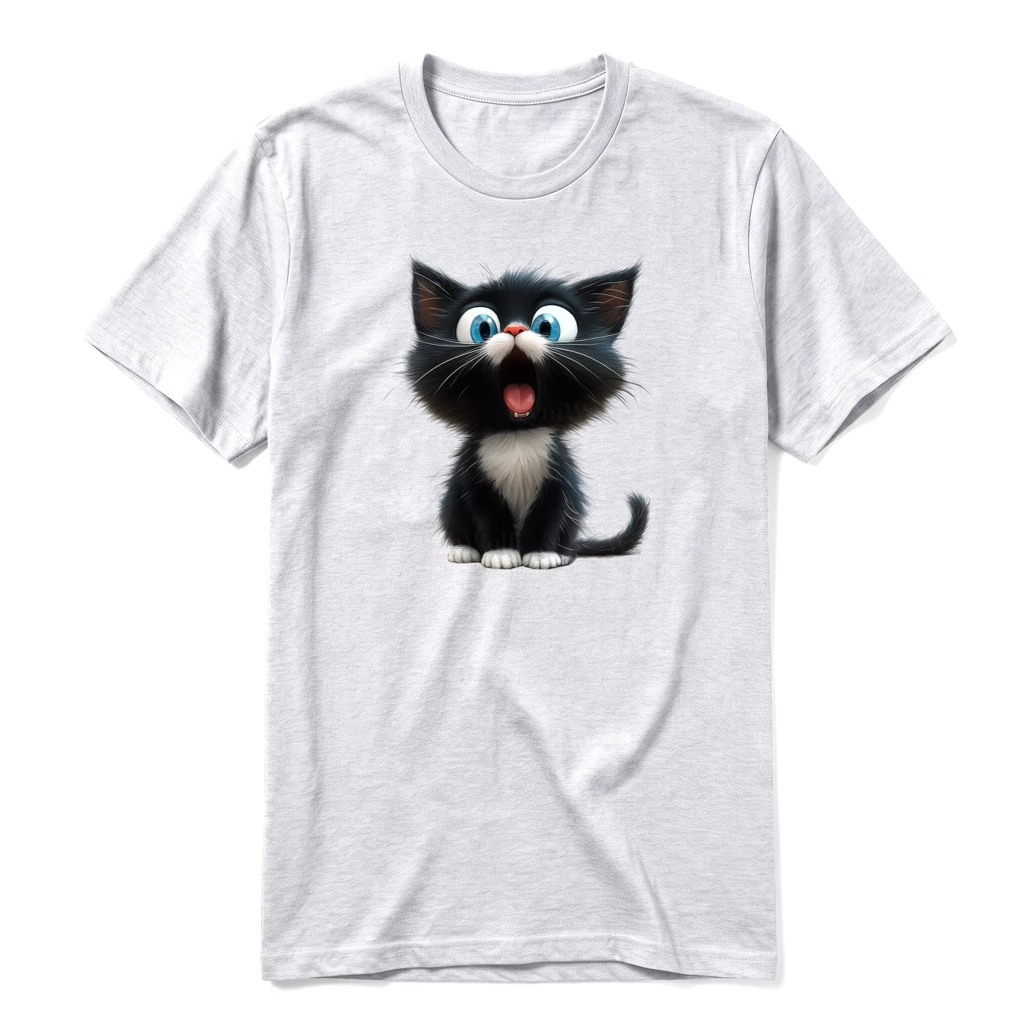 A ash grey short-sleeve crewneck t-shirt for adult featuring a graphic of a cat on the front.