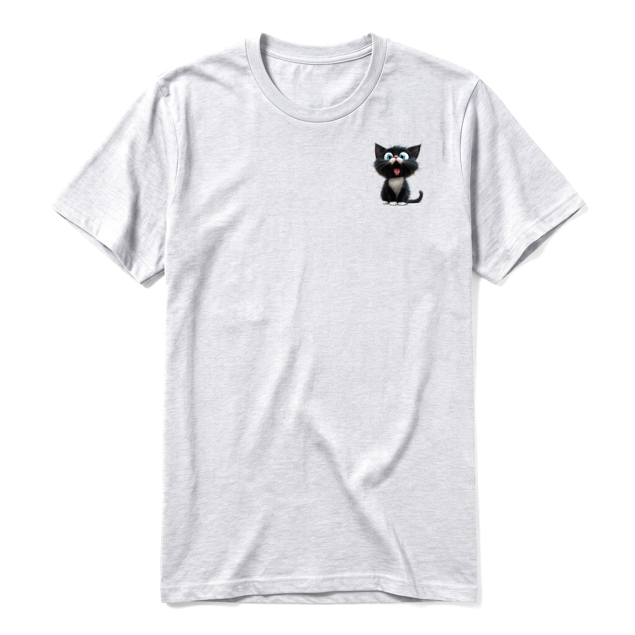 A ash grey short-sleeve crewneck t-shirt for adult featuring a graphic of a cat on the left chest.