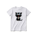 A ash grey short-sleeve crewneck t-shirt for youth featuring a graphic of a cat on the front.