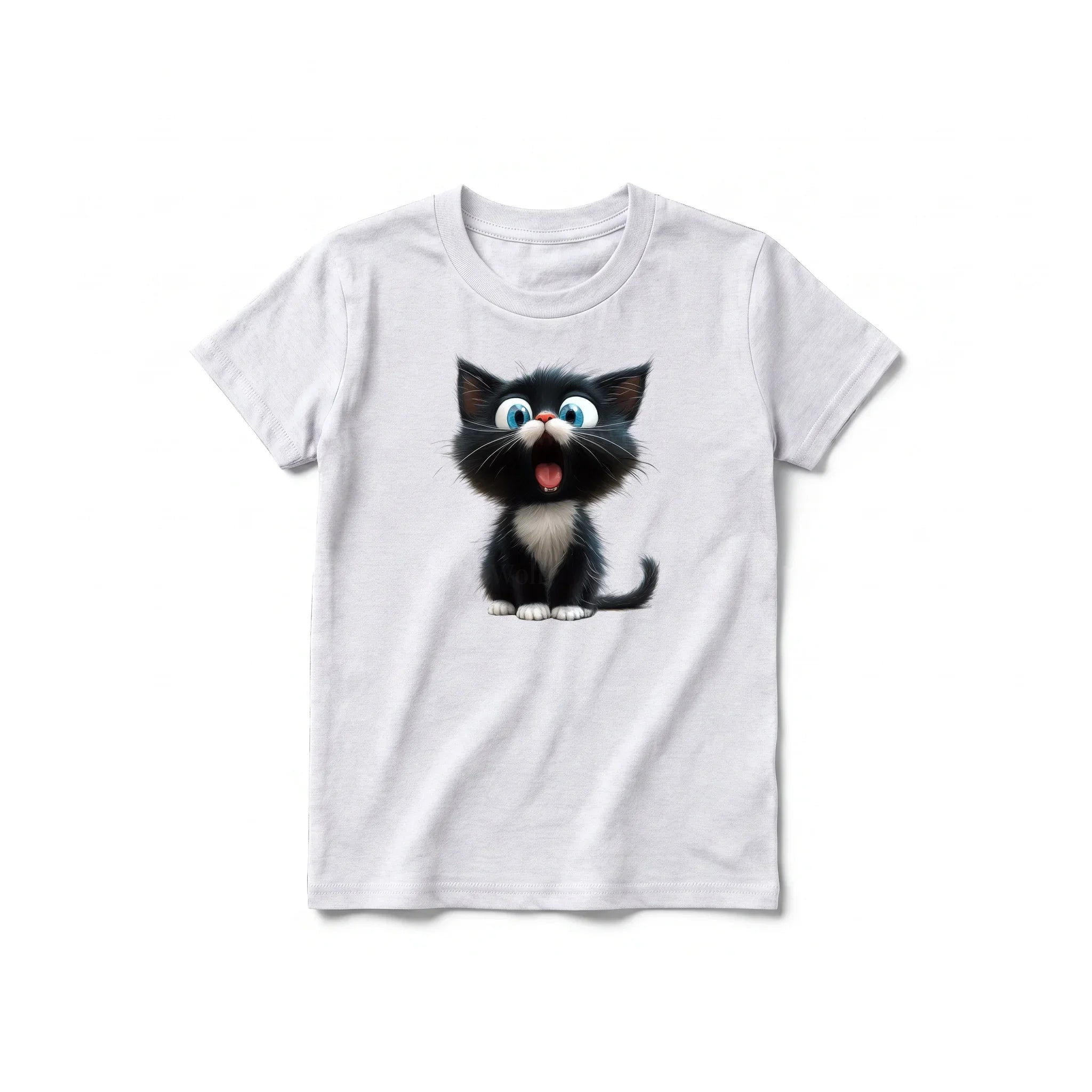 A ash grey short-sleeve crewneck t-shirt for youth featuring a graphic of a cat on the front.