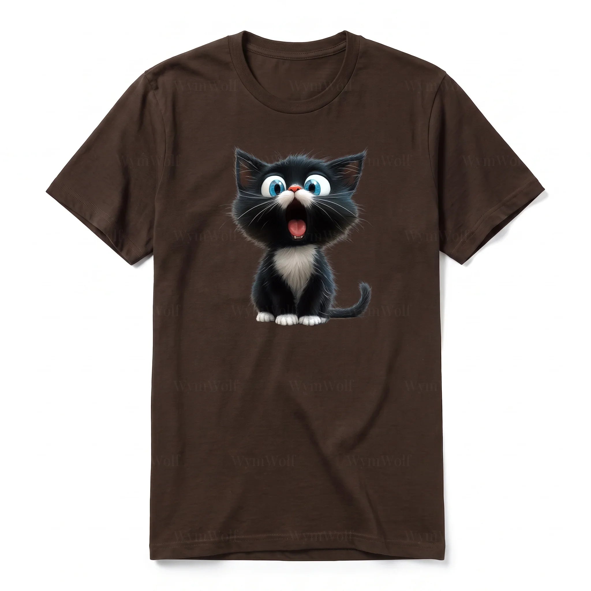 A chocolate short-sleeve crewneck t-shirt for adult featuring a graphic of a cat on the front.