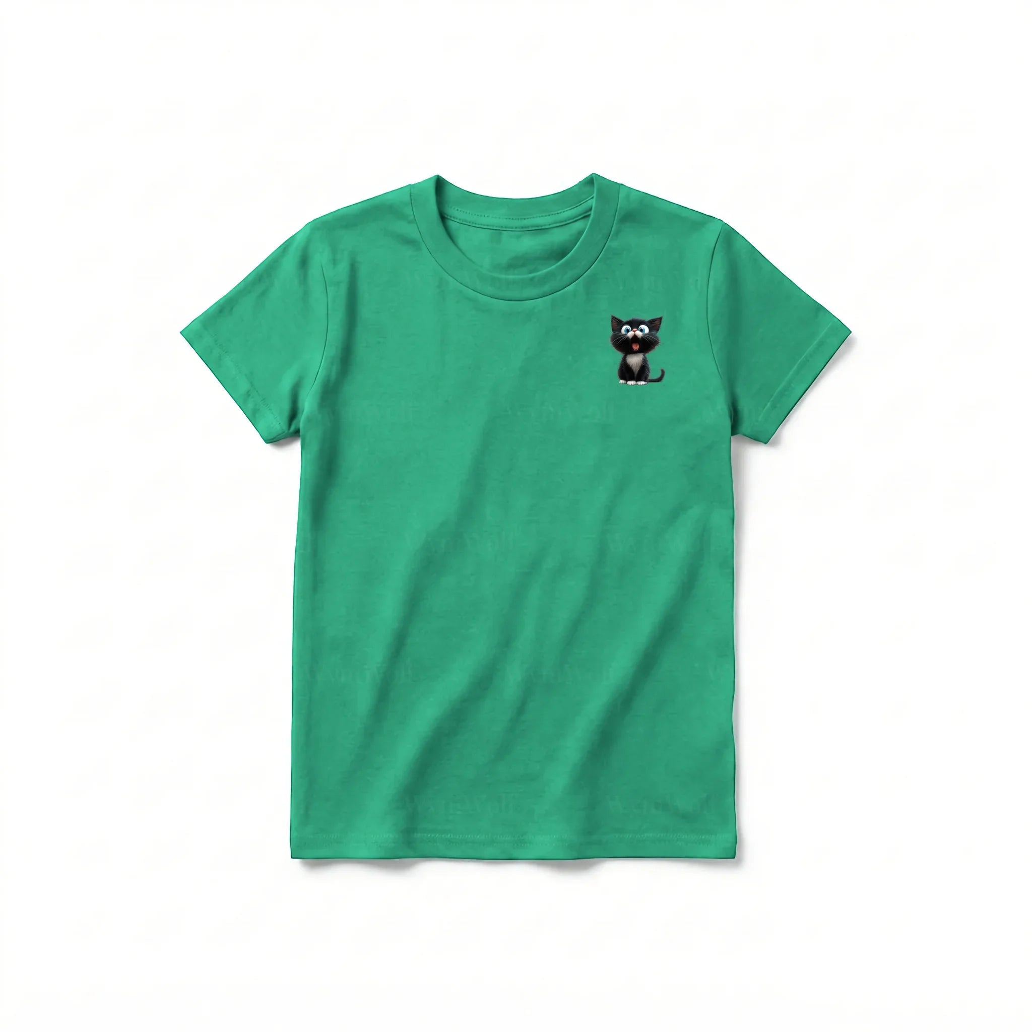 Un T-shirt kelly à manches courtes et col rond pour jeune, orné d'un motif représentant un chat sur la poitrine gauche.