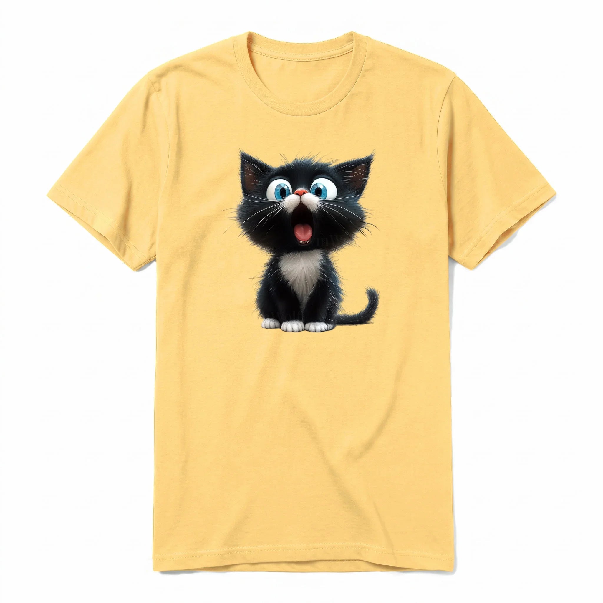 A mustard short-sleeve crewneck t-shirt for adult featuring a graphic of a cat on the front.