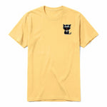 A mustard short-sleeve crewneck t-shirt for adult featuring a graphic of a cat on the left chest.
