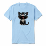 A powder short-sleeve crewneck t-shirt for adult featuring a graphic of a cat on the front.