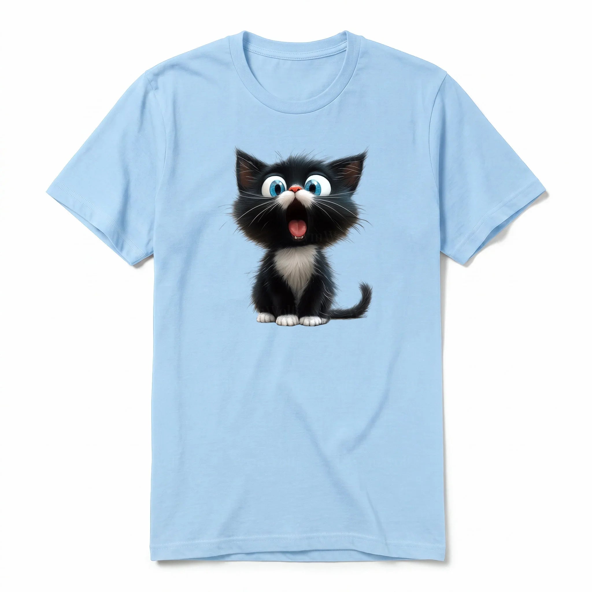 A powder short-sleeve crewneck t-shirt for adult featuring a graphic of a cat on the front.