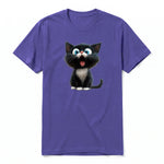 A purple short-sleeve crewneck t-shirt for adult featuring a graphic of a cat on the front.