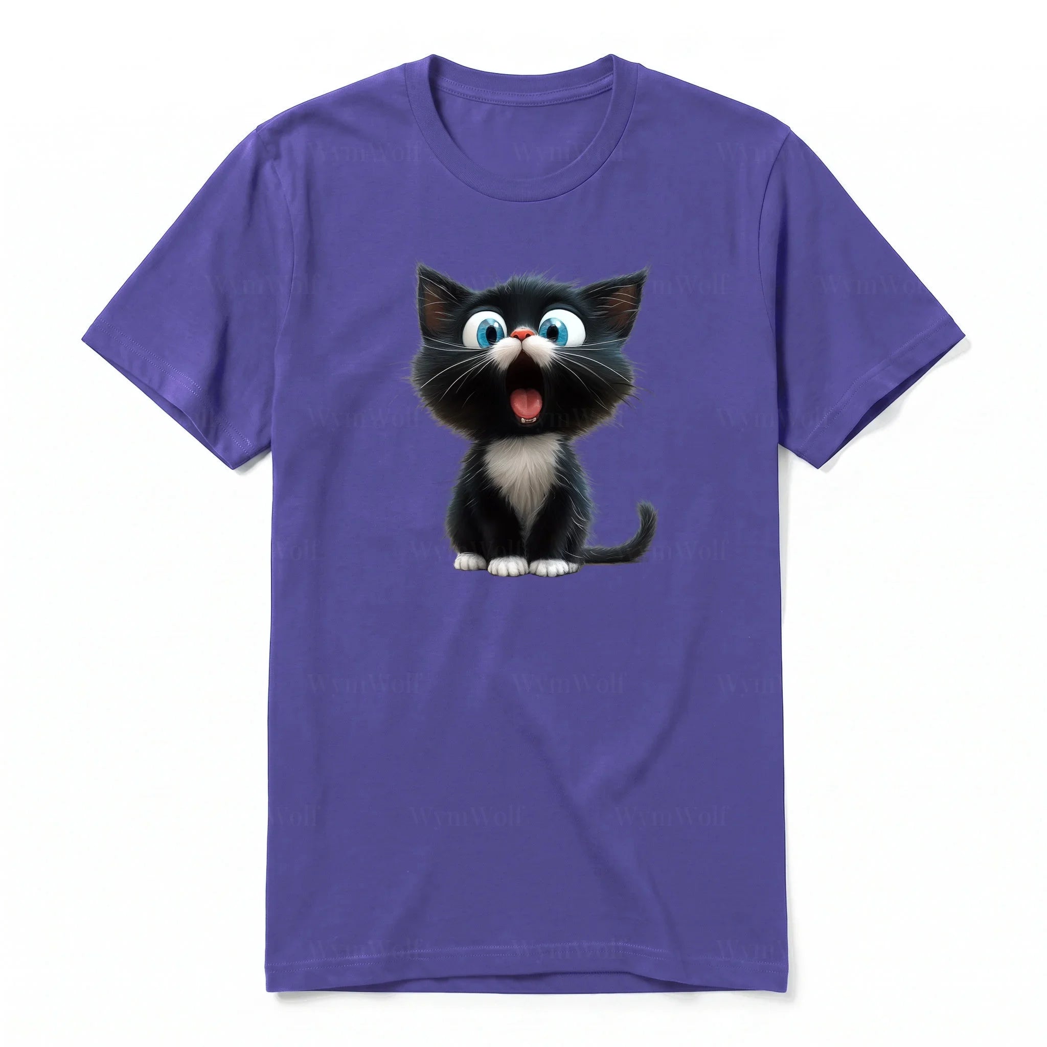 A purple short-sleeve crewneck t-shirt for adult featuring a graphic of a cat on the front.