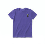 A purple short-sleeve crewneck t-shirt for youth featuring a graphic of a cat on the left chest.