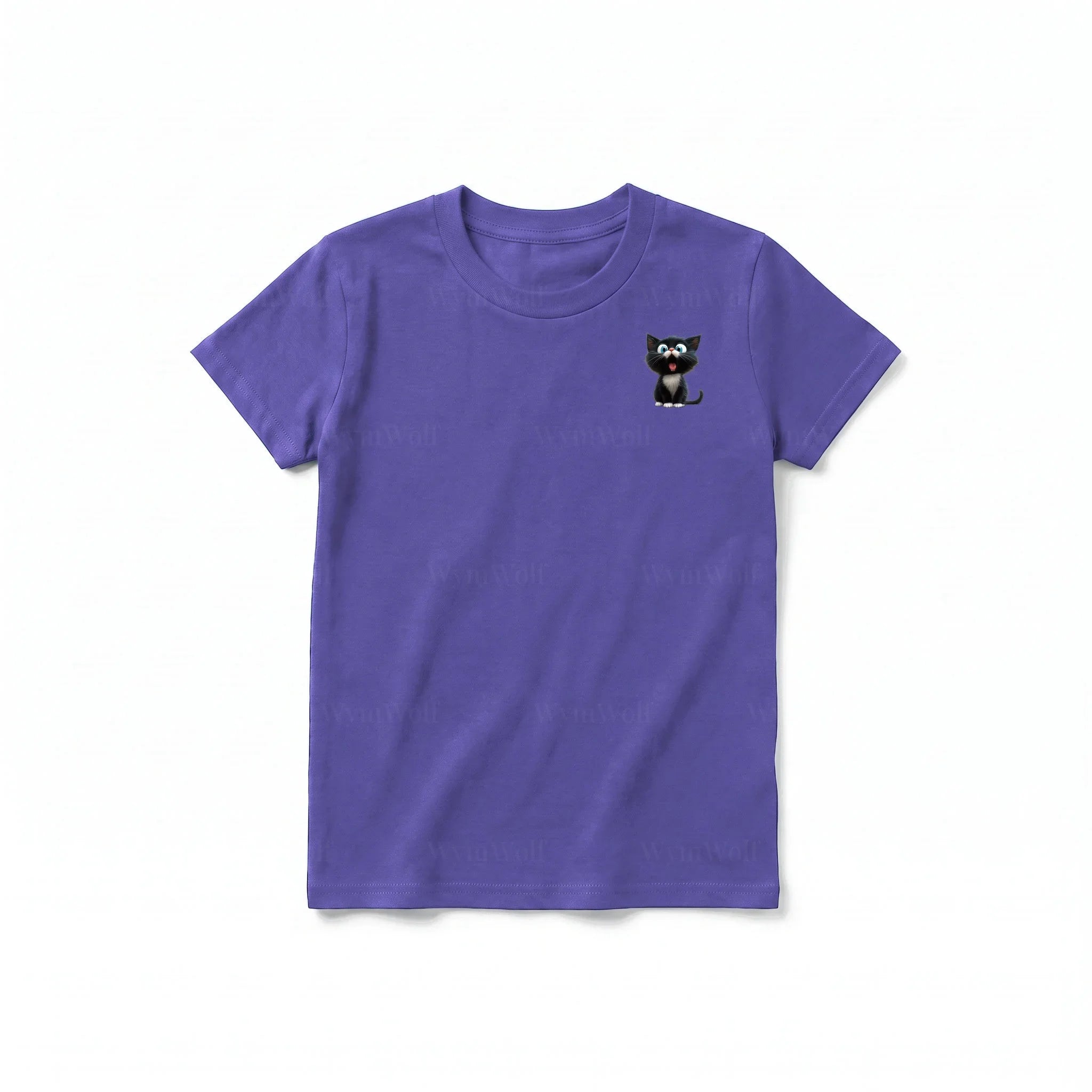 A purple short-sleeve crewneck t-shirt for youth featuring a graphic of a cat on the left chest.