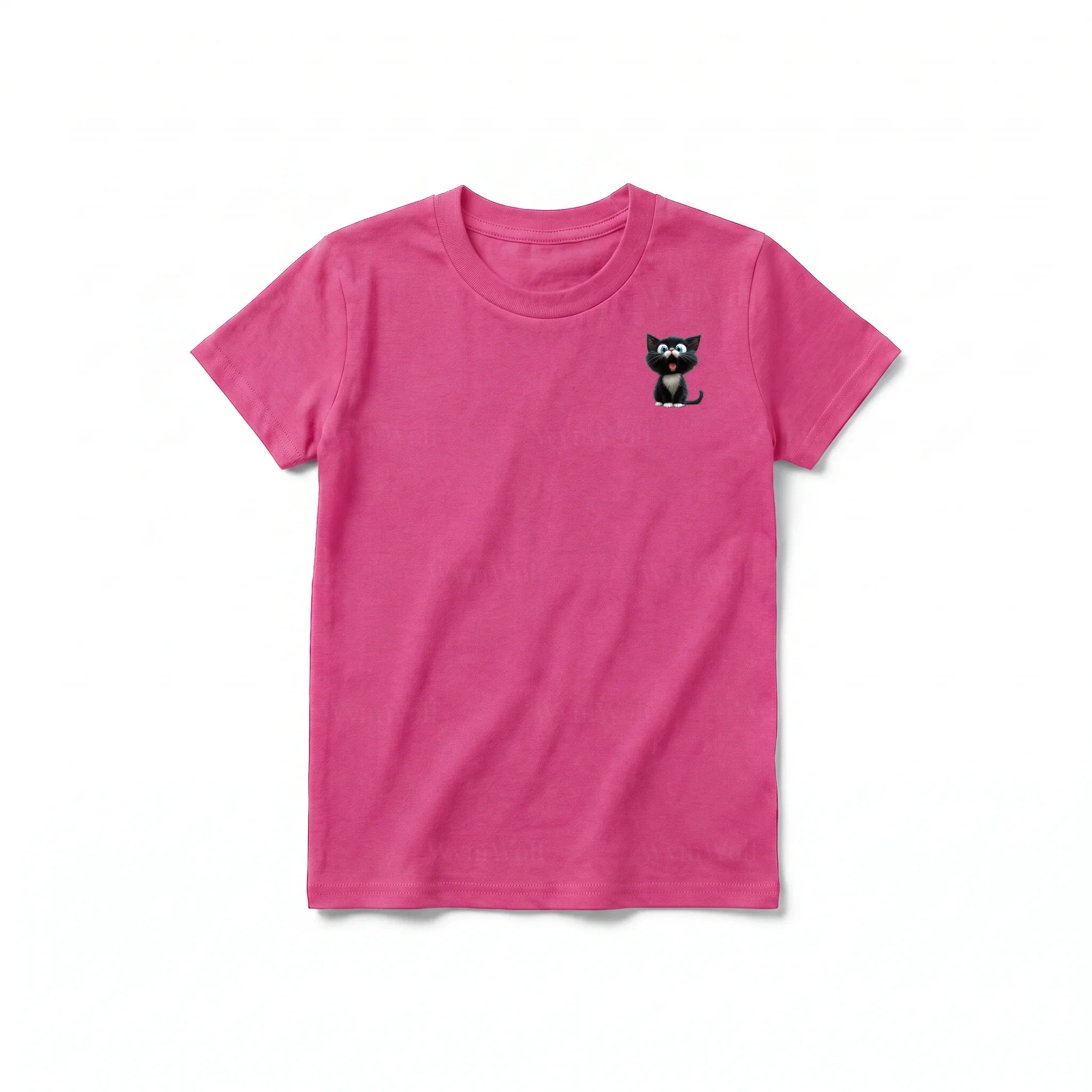 Un T-shirt framboise à manches courtes et col rond pour jeune, orné d'un motif représentant un chat sur la poitrine gauche.