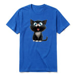 Un T-shirt royal à manches courtes et col rond, orné d'un motif représentant un chat sur le devant.
