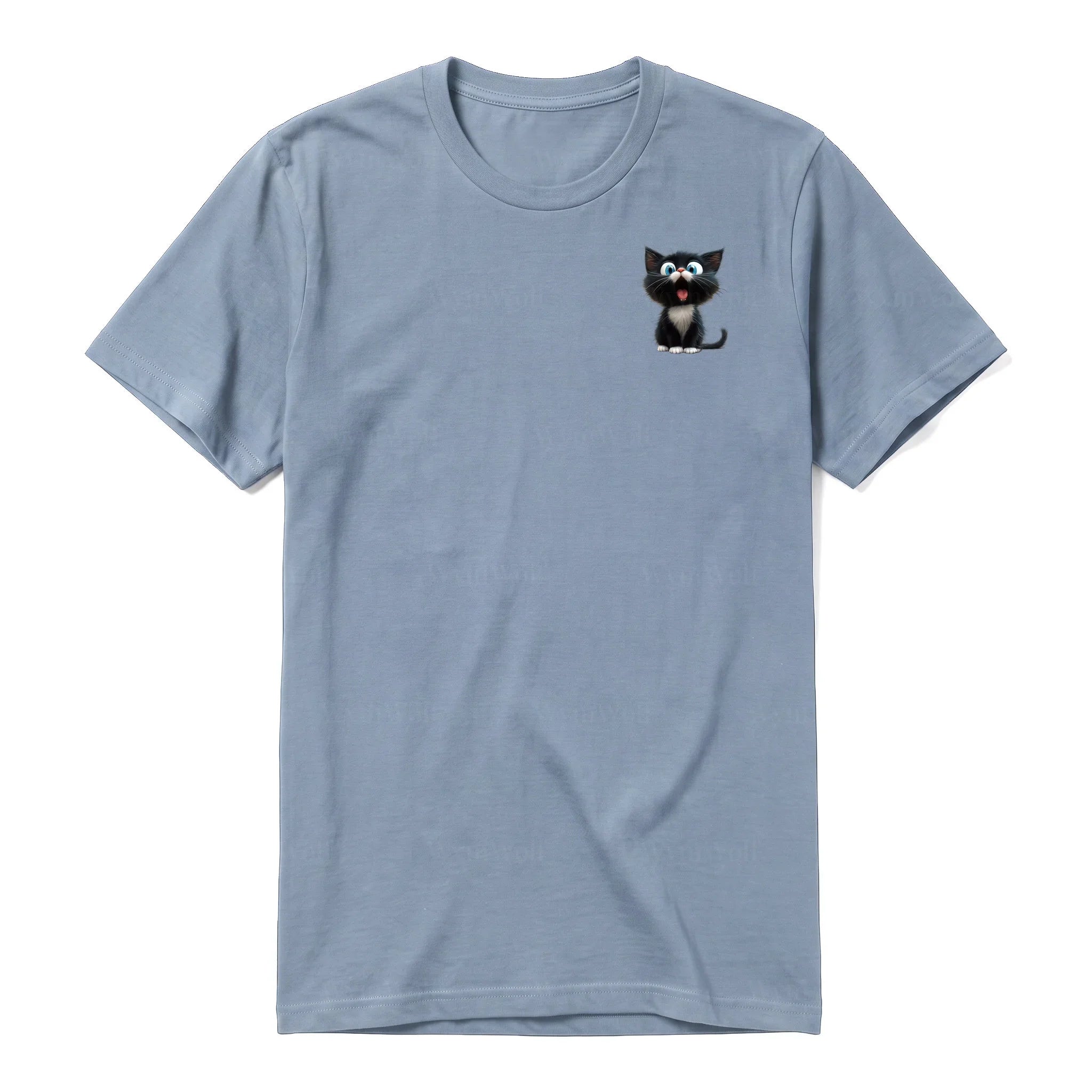 A steel-blue short-sleeve crewneck t-shirt for adult featuring a graphic of a cat on the left chest.