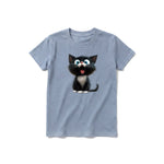 A steel-blue short-sleeve crewneck t-shirt for youth featuring a graphic of a cat on the front.