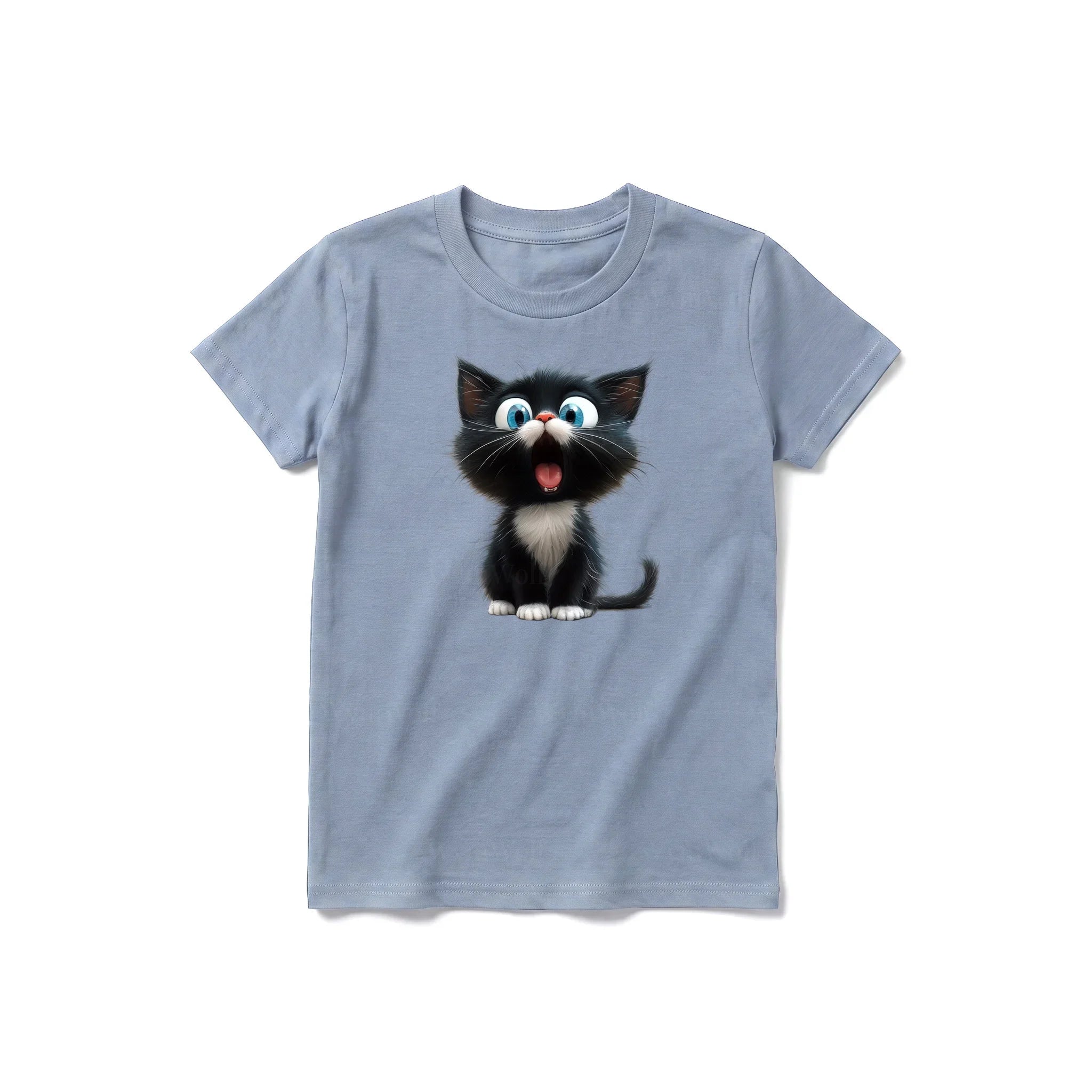 A steel-blue short-sleeve crewneck t-shirt for youth featuring a graphic of a cat on the front.