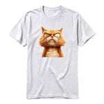 A ash grey short-sleeve crewneck t-shirt for adult featuring a graphic of a cat on the front.