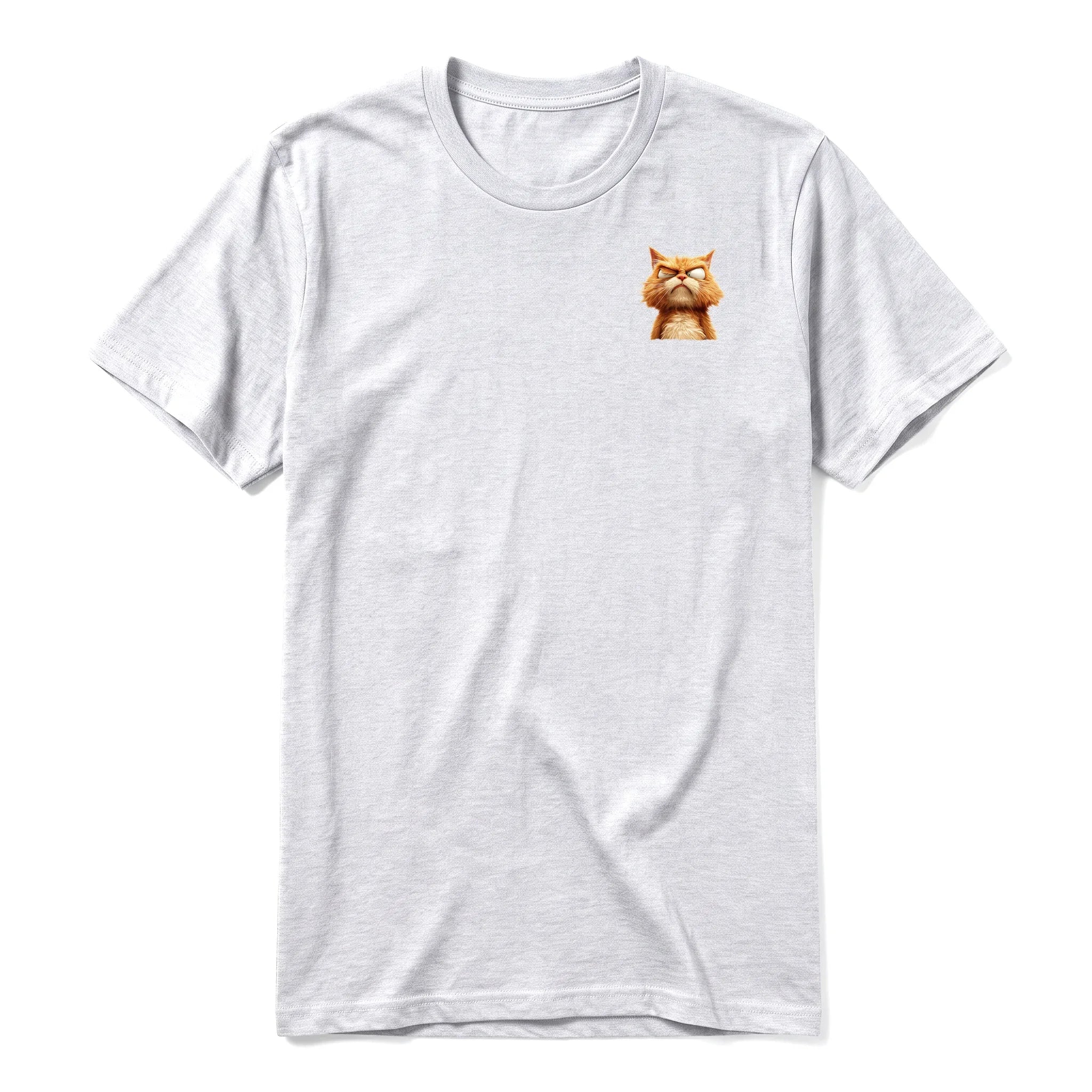 A ash grey short-sleeve crewneck t-shirt for adult featuring a graphic of a cat on the left chest.