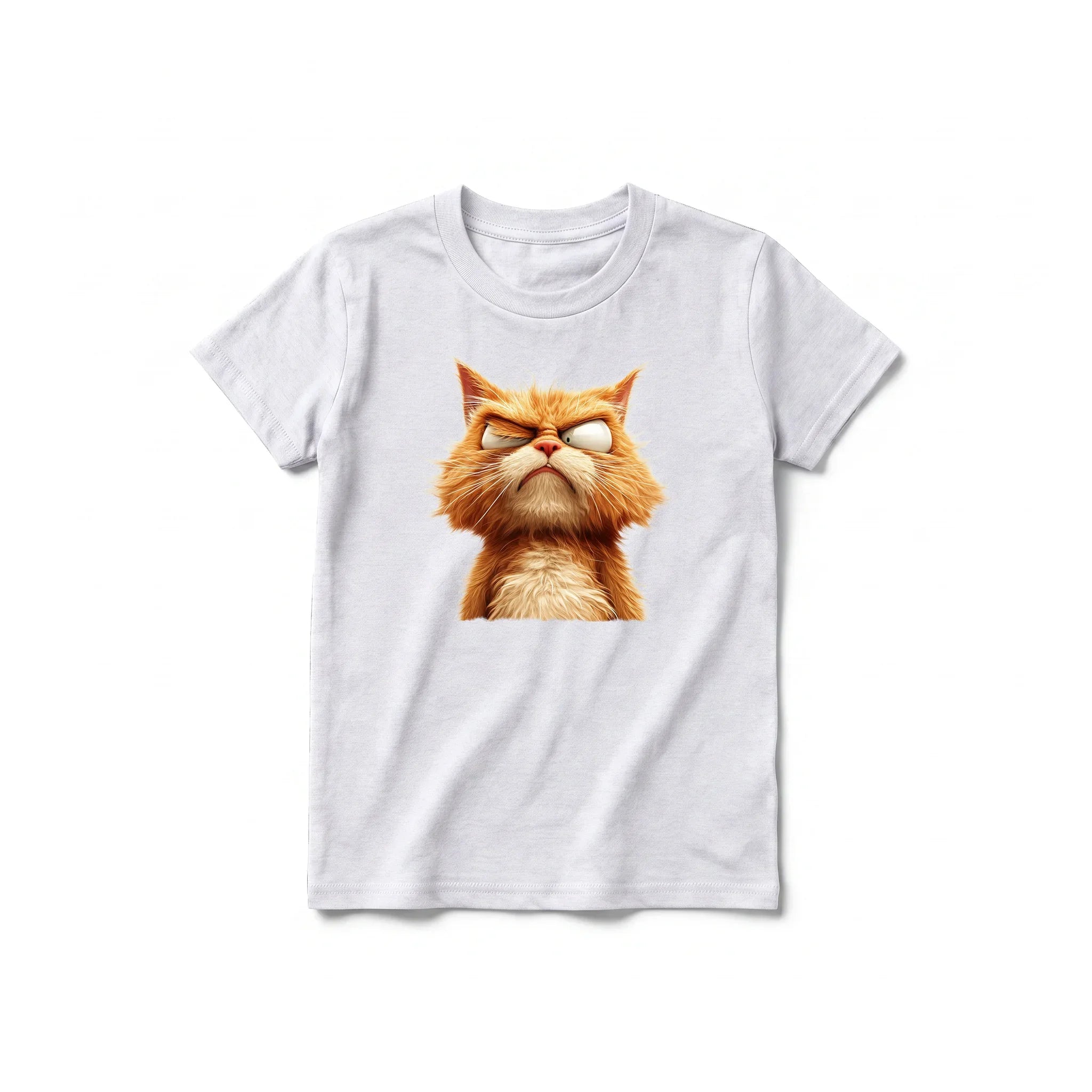 A ash grey short-sleeve crewneck t-shirt for youth featuring a graphic of a cat on the front.