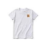 A ash grey short-sleeve crewneck t-shirt for youth featuring a graphic of a cat on the left chest.