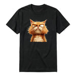 A black short-sleeve crewneck t-shirt for adult featuring a graphic of a cat on the front.