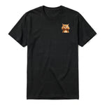 A black short-sleeve crewneck t-shirt for adult featuring a graphic of a cat on the left chest.
