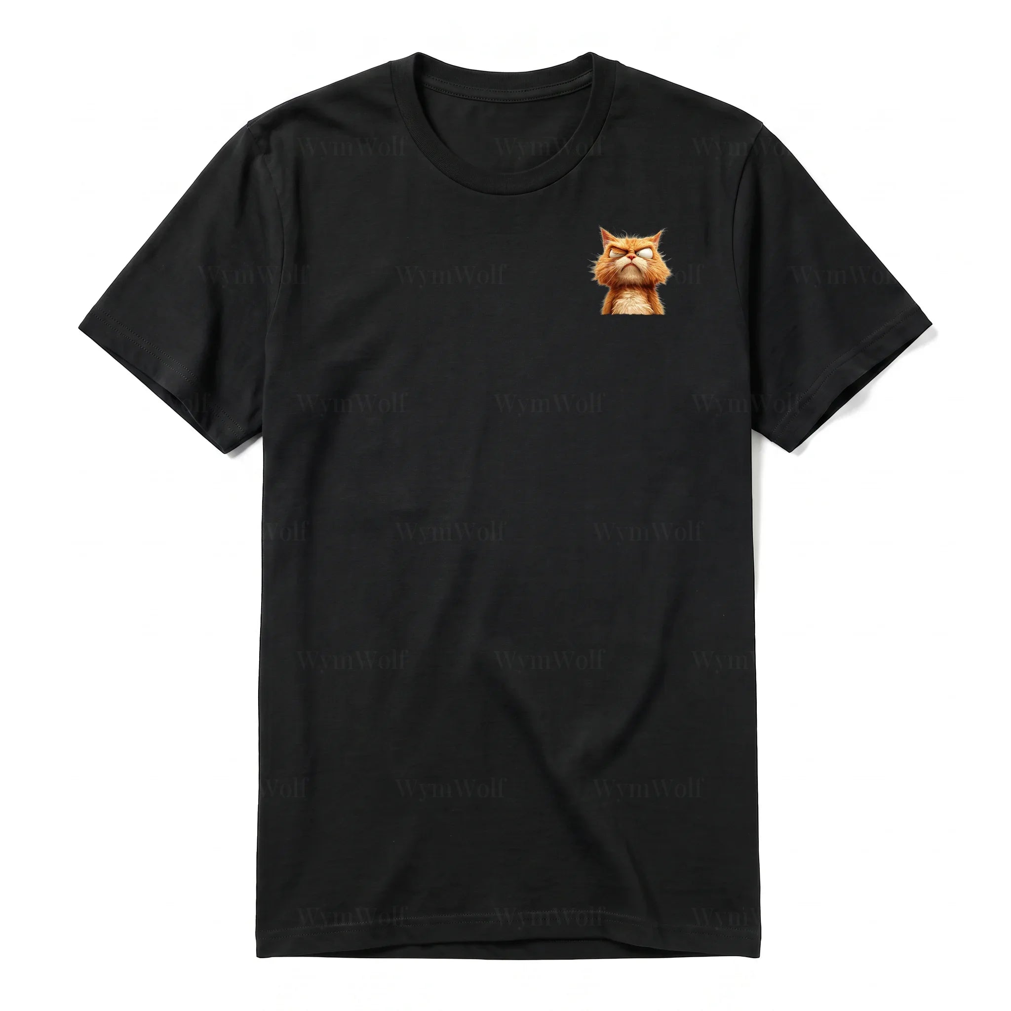 A black short-sleeve crewneck t-shirt for adult featuring a graphic of a cat on the left chest.