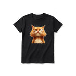 A black short-sleeve crewneck t-shirt for youth featuring a graphic of a cat on the front.