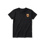 A black short-sleeve crewneck t-shirt for youth featuring a graphic of a cat on the left chest.