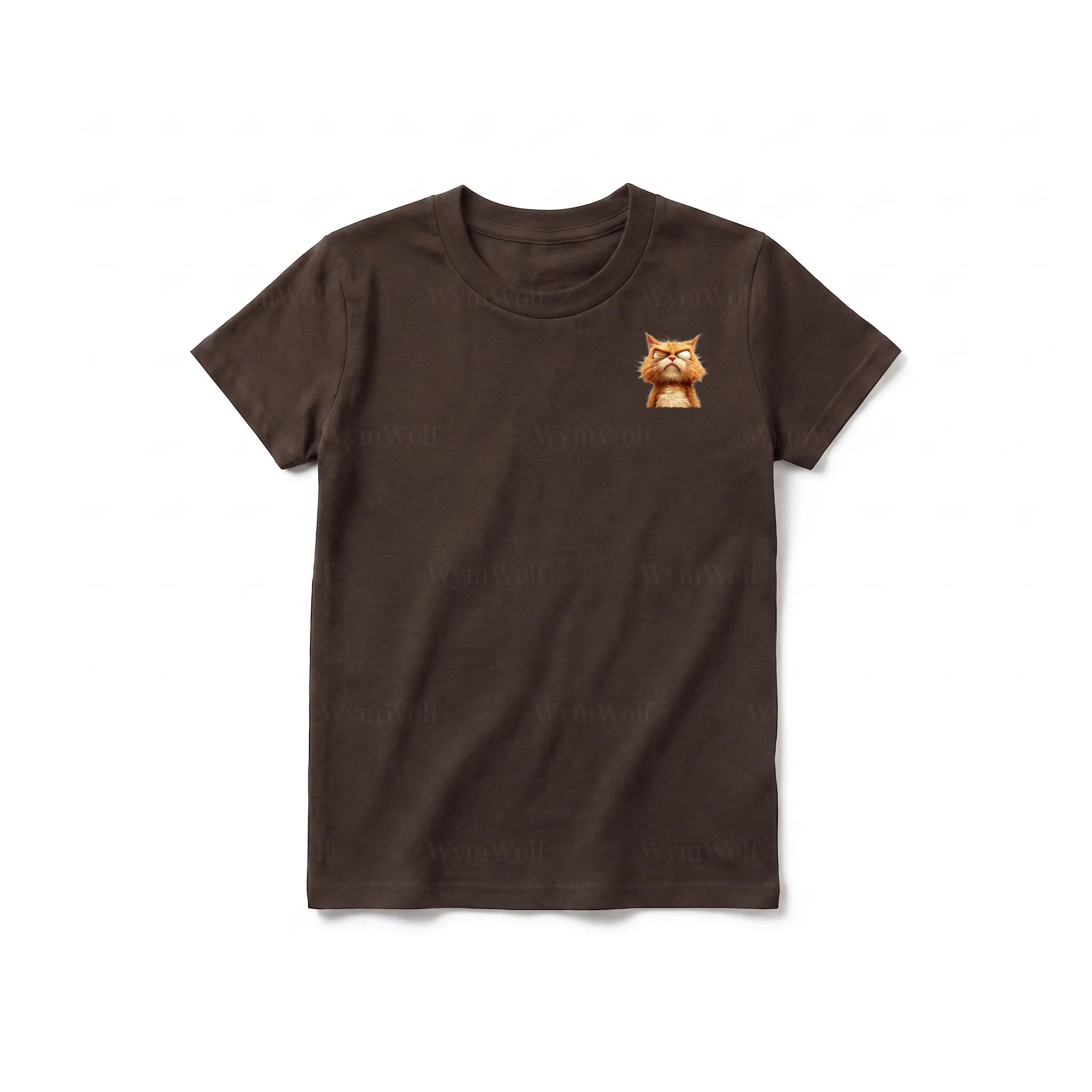 Un T-shirt chocolat à manches courtes et col rond pour jeune, orné d'un motif représentant un chat sur la poitrine gauche.