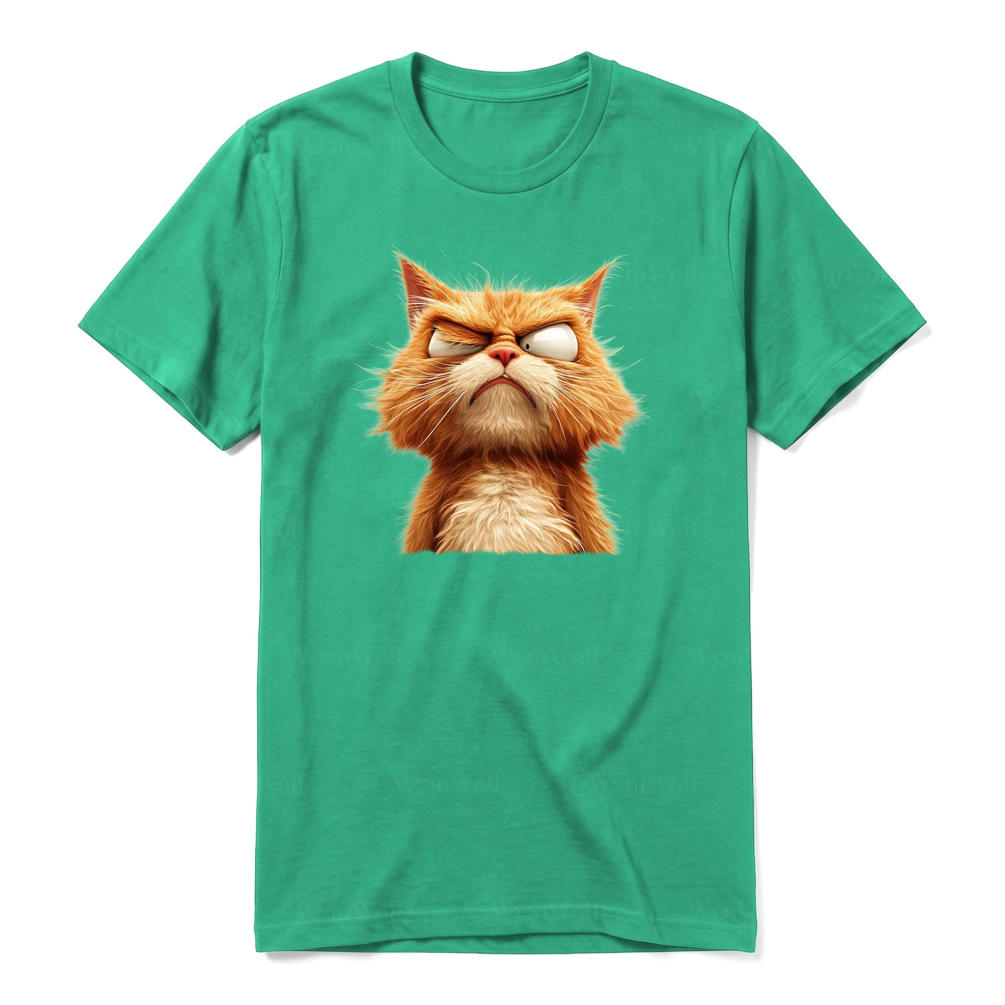 Un T-shirt kelly à manches courtes et col rond, orné d'un motif représentant un chat sur le devant.