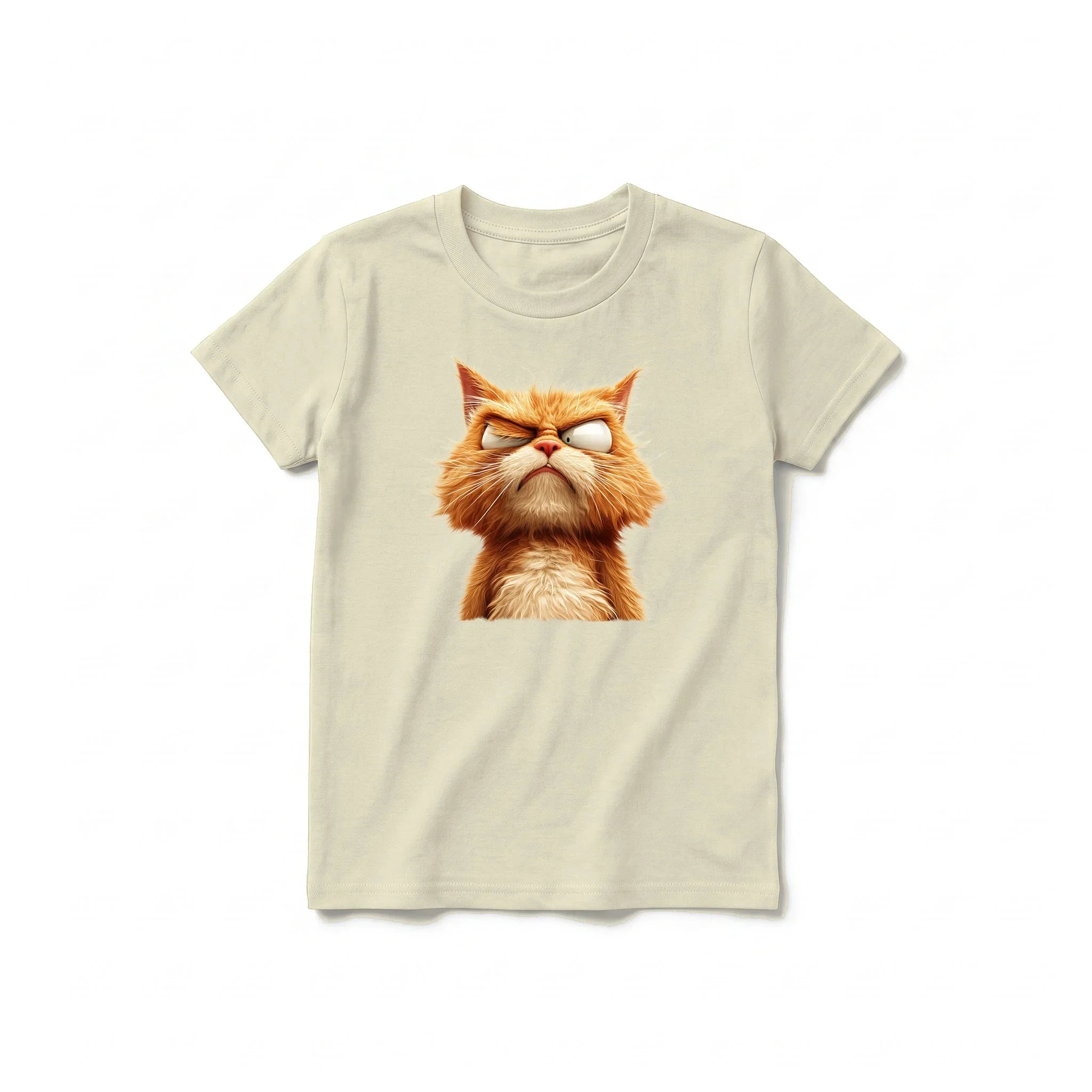 Un T-shirt latte à manches courtes et col rond pour jeune, orné d'un motif représentant un chat sur le devant.
