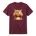 A maroon short-sleeve crewneck t-shirt for adult featuring a graphic of a cat on the front.