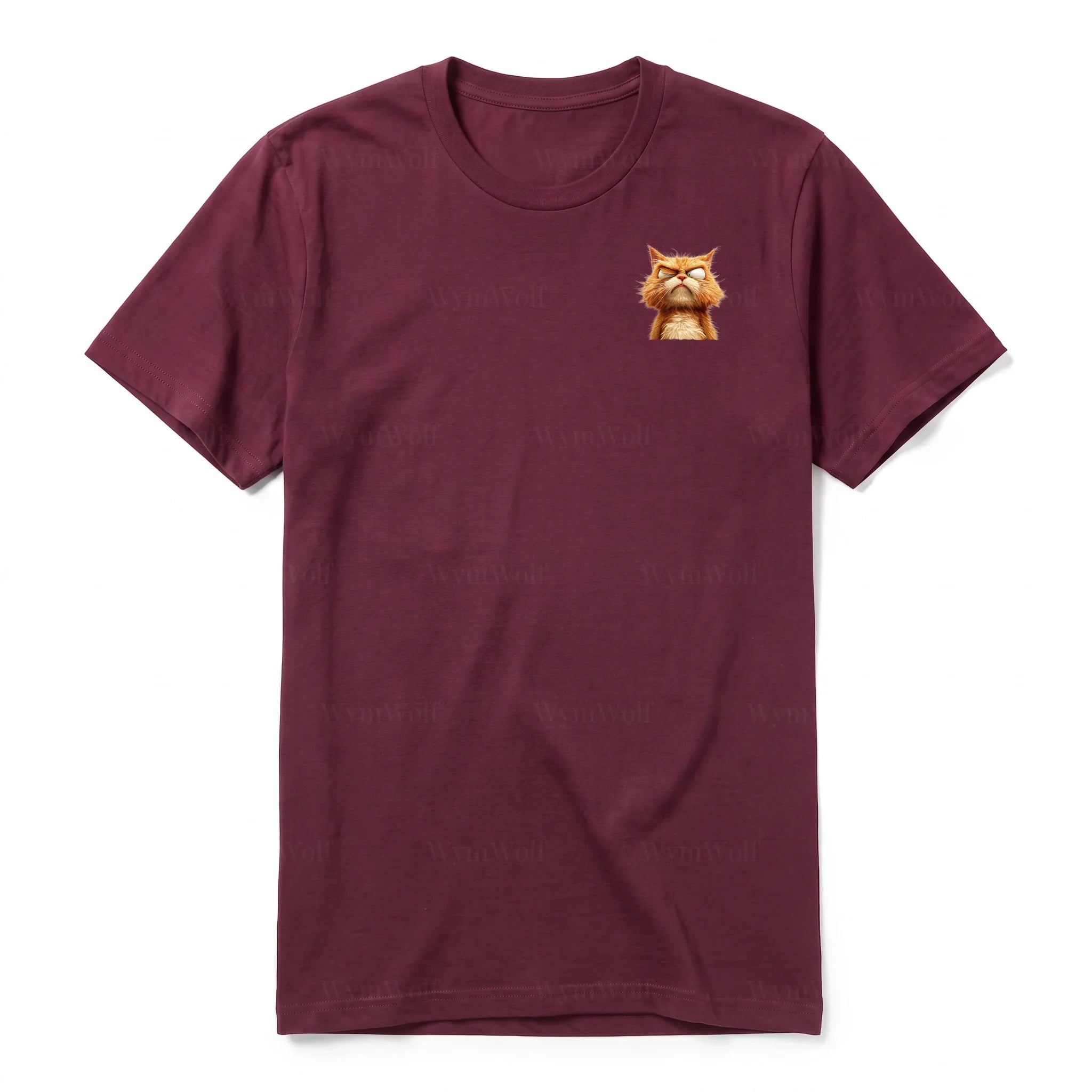 A maroon short-sleeve crewneck t-shirt for adult featuring a graphic of a cat on the left chest.