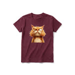 A maroon short-sleeve crewneck t-shirt for youth featuring a graphic of a cat on the front.