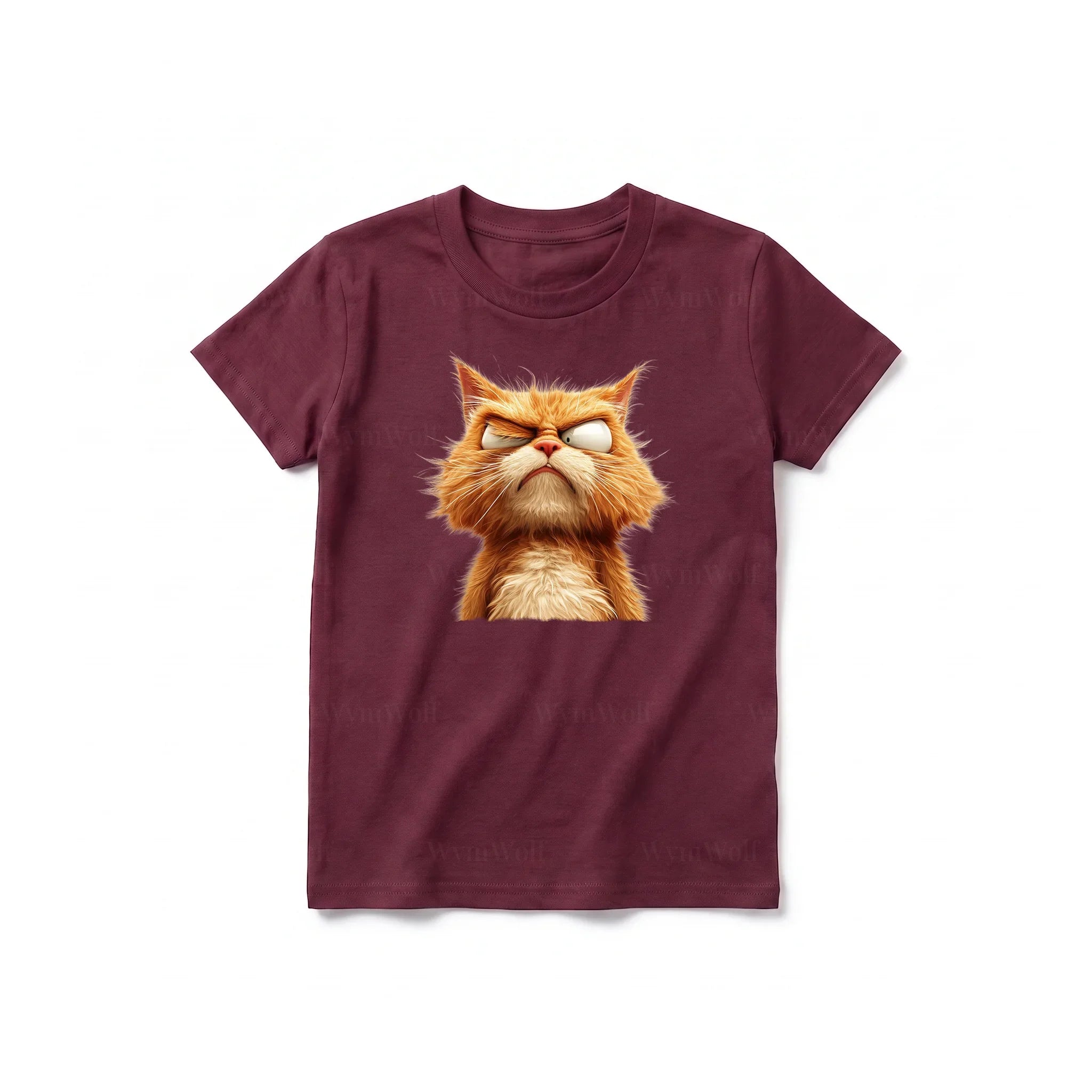 A maroon short-sleeve crewneck t-shirt for youth featuring a graphic of a cat on the front.