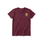 A maroon short-sleeve crewneck t-shirt for youth featuring a graphic of a cat on the left chest.