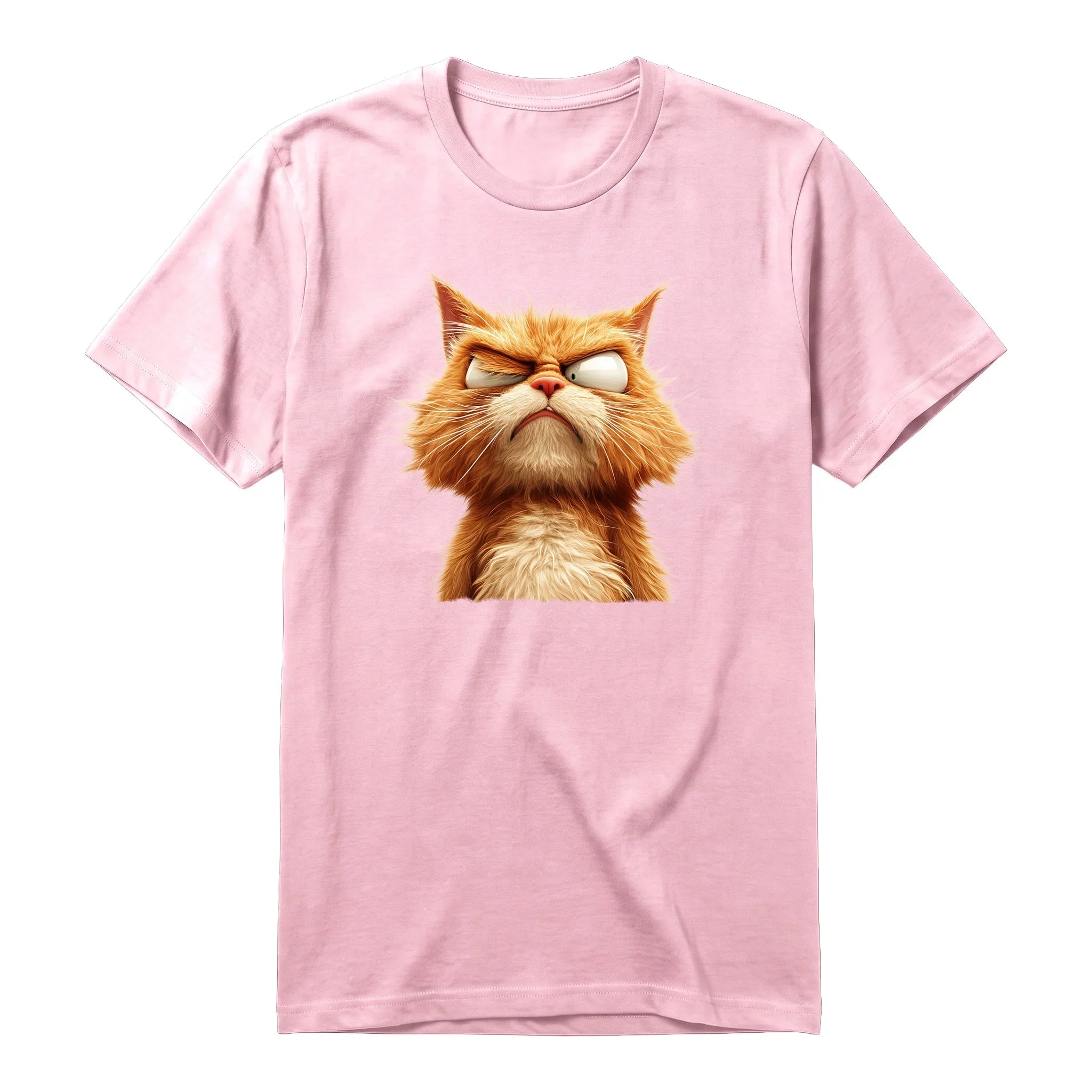 Un T-shirt rose à manches courtes et col rond, orné d'un motif représentant un chat sur le devant.