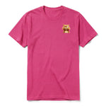 A raspberry short-sleeve crewneck t-shirt for adult featuring a graphic of a cat on the left chest.