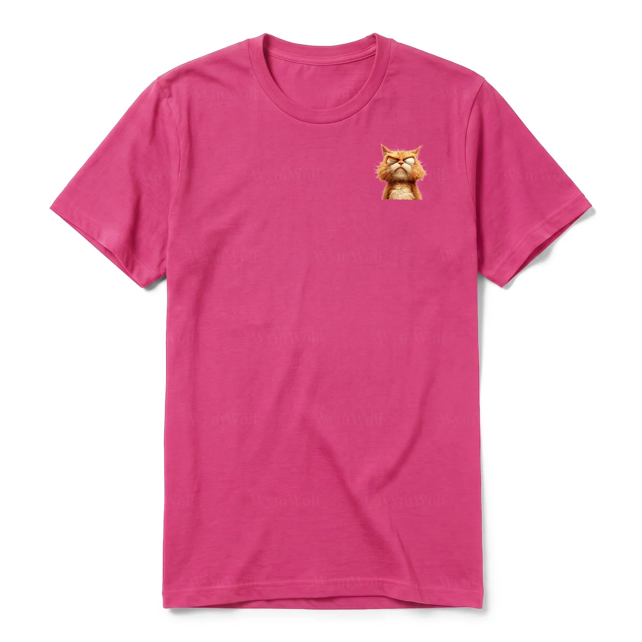 A raspberry short-sleeve crewneck t-shirt for adult featuring a graphic of a cat on the left chest.