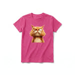 A raspberry short-sleeve crewneck t-shirt for youth featuring a graphic of a cat on the front.