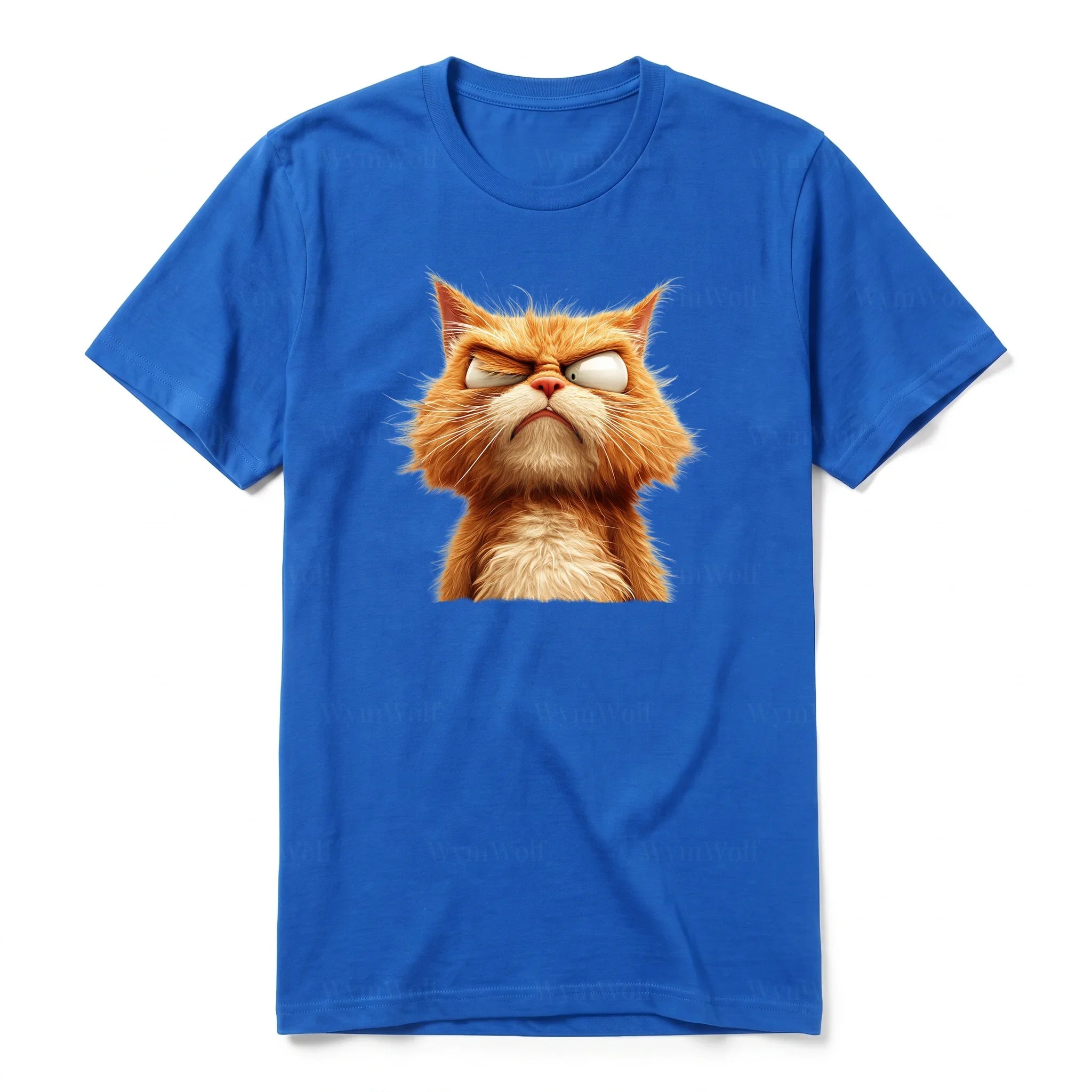 Un T-shirt royal à manches courtes et col rond, orné d'un motif représentant un chat sur le devant.