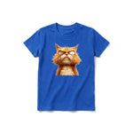 Un T-shirt royal à manches courtes et col rond pour jeune, orné d'un motif représentant un chat sur le devant.