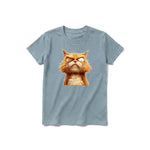 Un T-shirt sauge à manches courtes et col rond pour jeune, orné d'un motif représentant un chat sur le devant.