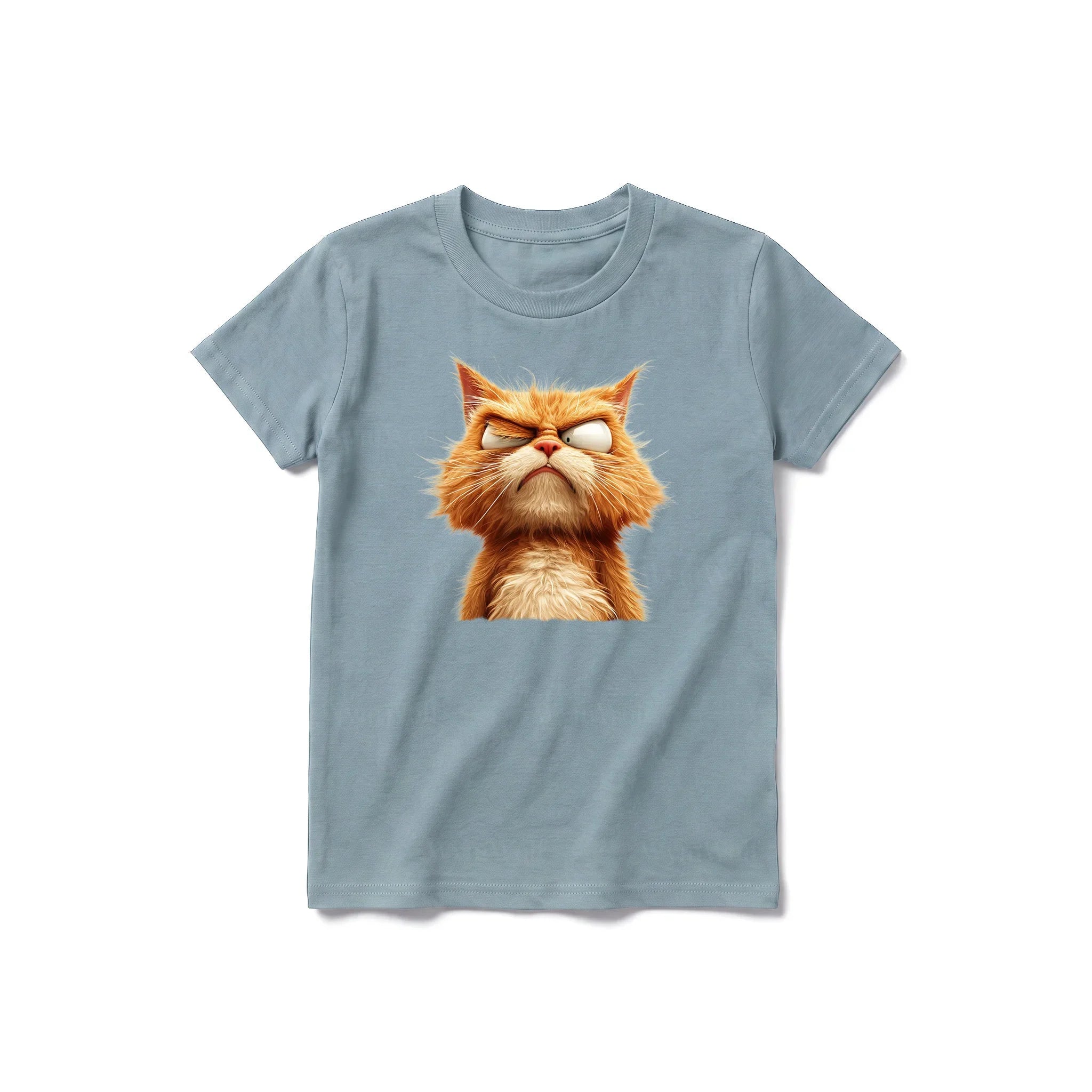 Un T-shirt sauge à manches courtes et col rond pour jeune, orné d'un motif représentant un chat sur le devant.