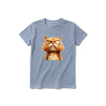 A steel-blue short-sleeve crewneck t-shirt for youth featuring a graphic of a cat on the front.