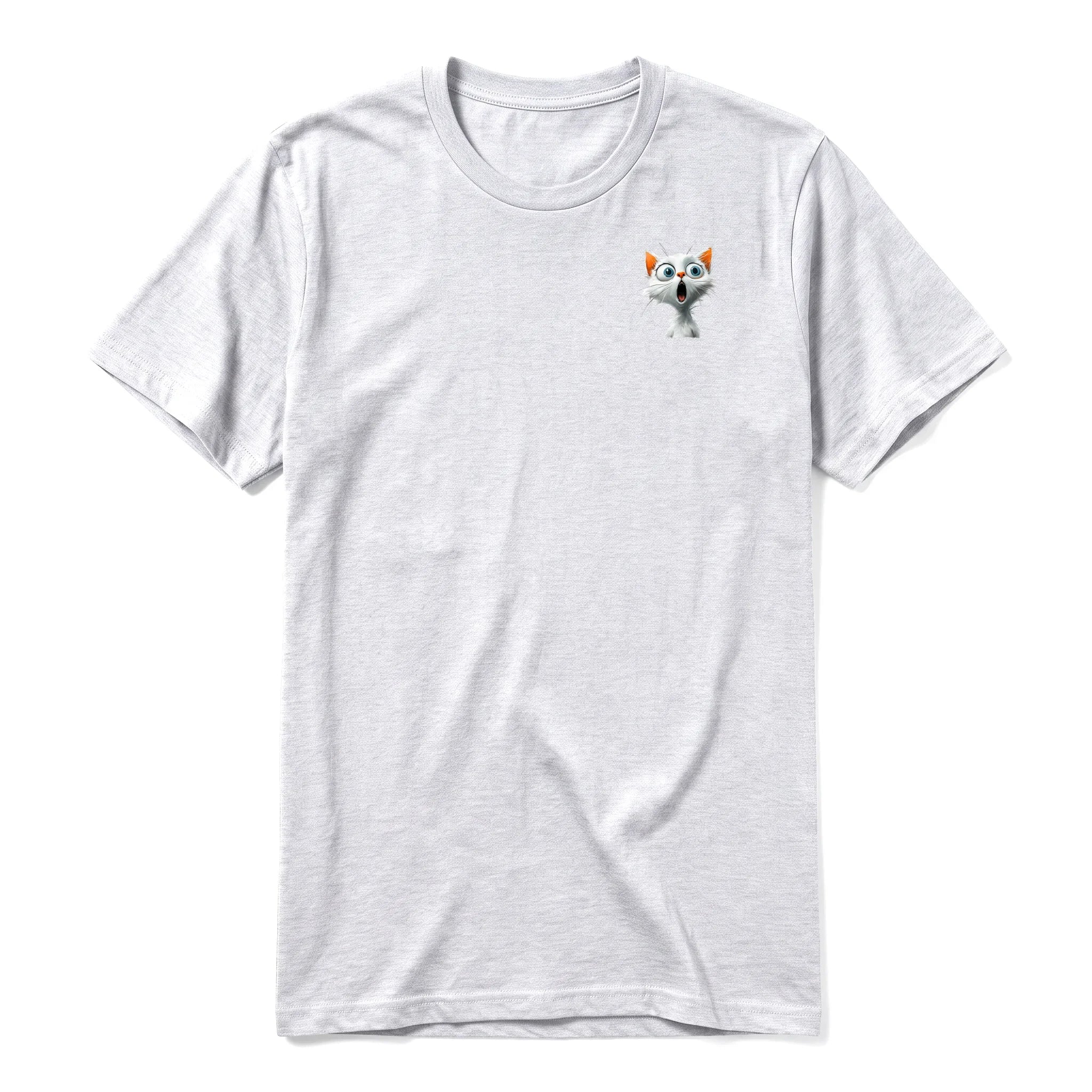 A ash grey short-sleeve crewneck t-shirt for adult featuring a graphic of a cat on the left chest.