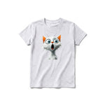 A ash grey short-sleeve crewneck t-shirt for youth featuring a graphic of a cat on the front.
