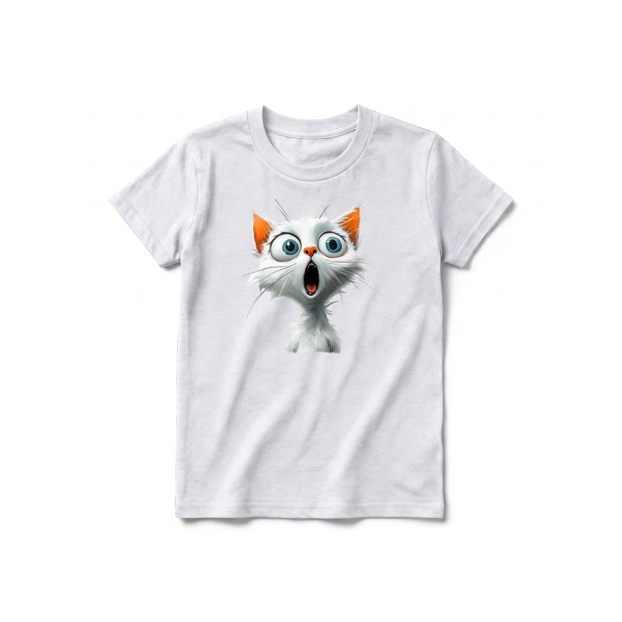 A ash grey short-sleeve crewneck t-shirt for youth featuring a graphic of a cat on the front.