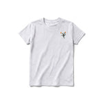 A ash grey short-sleeve crewneck t-shirt for youth featuring a graphic of a cat on the left chest.