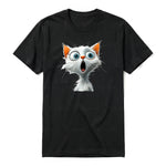 A black short-sleeve crewneck t-shirt for adult featuring a graphic of a cat on the front.